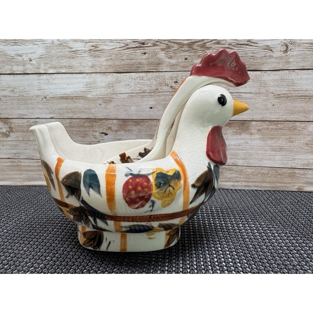 VTG Nasco Hand Painted Ceramic Rooster Gravy Boat w/Ladle - Japan 1950 Farmhouse